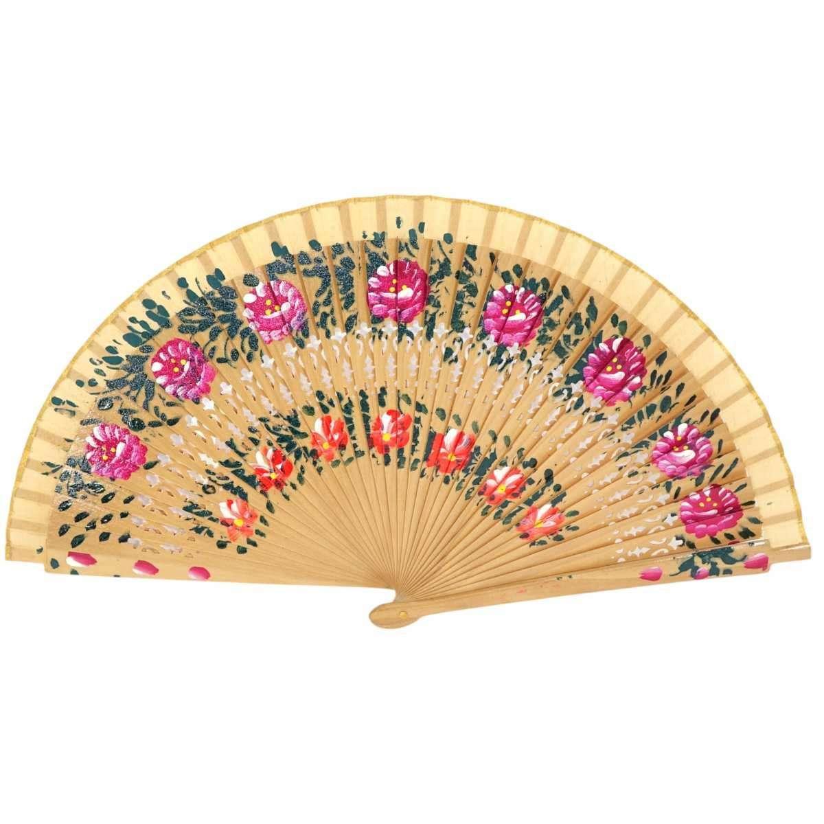 Ventaglio in legno dipinto a mano decorazione floreale colori assortiti d.43 cm