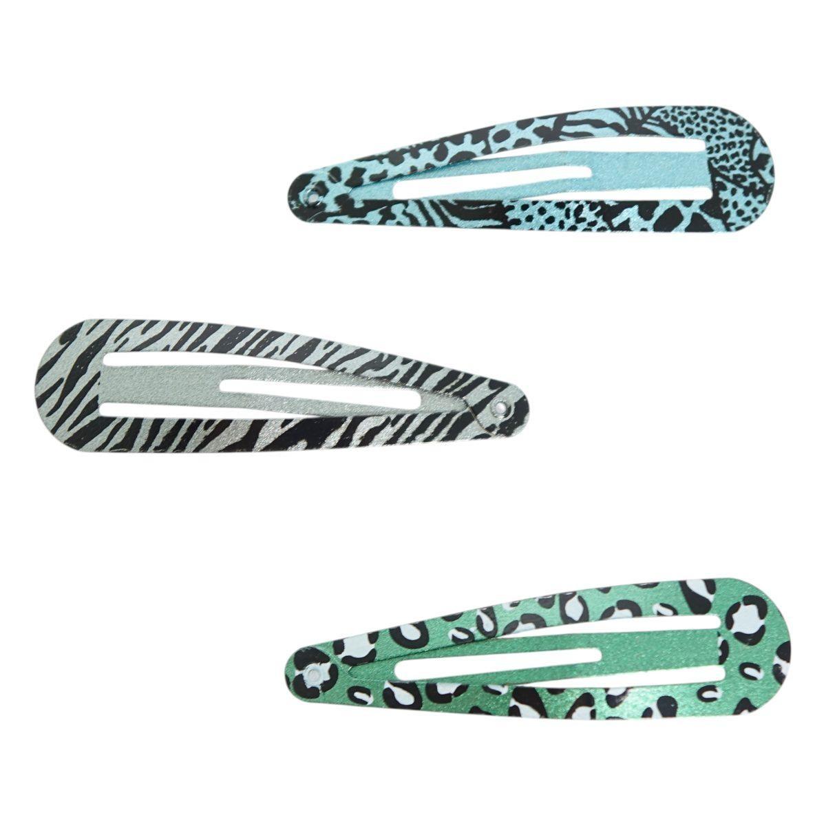 Fermaglio clic clac per capelli in metallo 6 cm animalier toni del blu e del verde