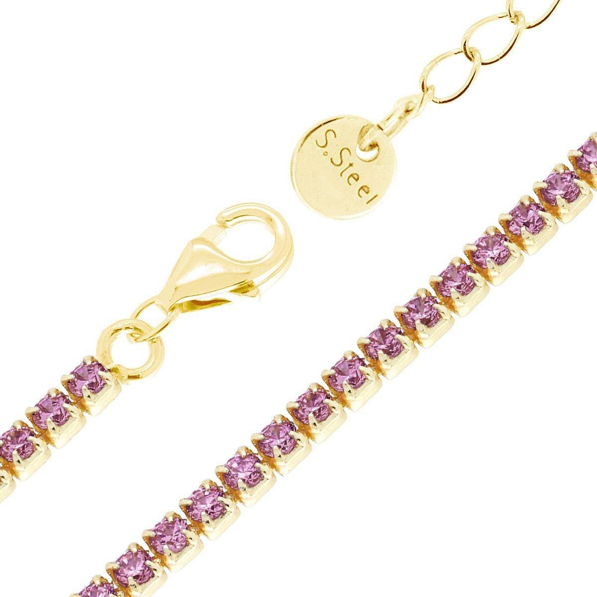 Bracciale Tennis Griffe cm 17+5 con Crystal mm 2 Ametista in ACCIAIO colore Oro<BR>