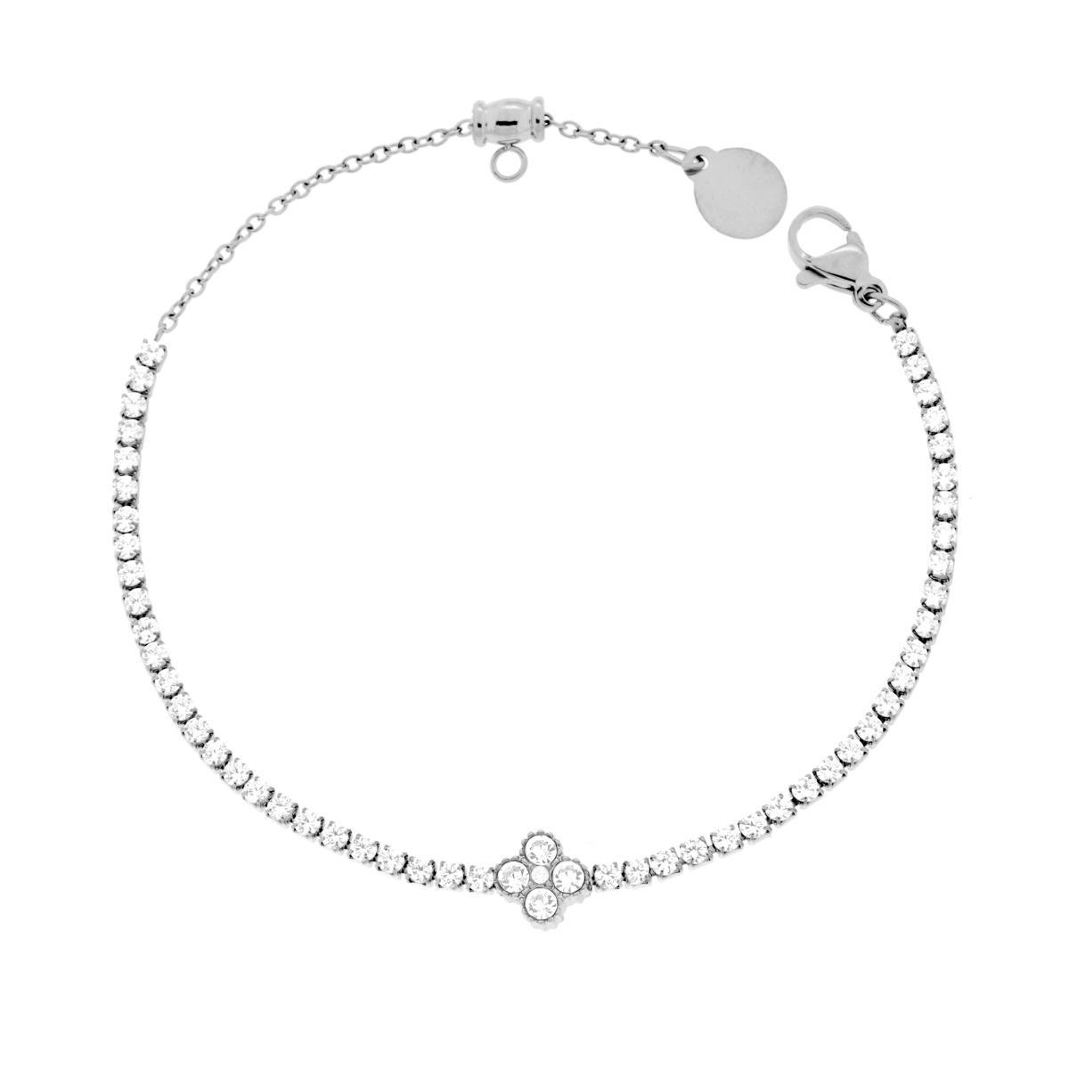 Bracciale Tennis con Quadrifoglio centrale e Crystal Bianchi cm 17+2 in ACCIAIO