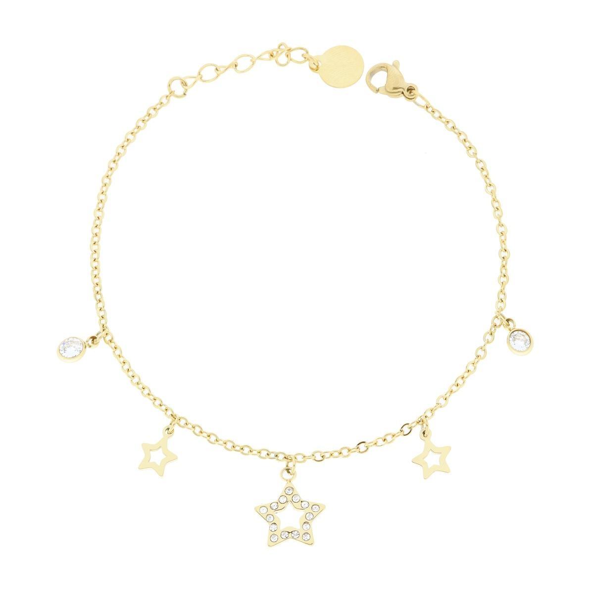 Bracciale Catena Forzatina Diamantata con Stelle e Crystal Bianchi in ACCIAIO colore Oro<BR>