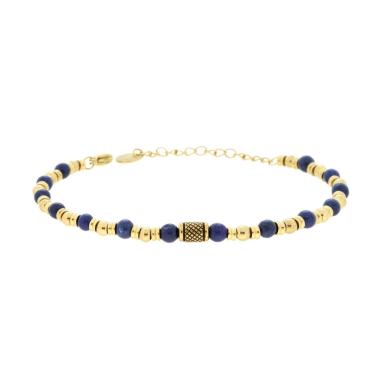 Bracciale Catena con Pietre Naturali Blu Lapislazzuli Palline e Accessori in ACCIAIO colore Oro<BR>