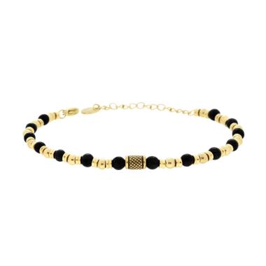 Bracciale Catena con Pietre Naturali Nere Palline e Accessori in ACCIAIO colore Oro<BR>