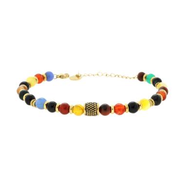 Bracciale Catena con Pietre Naturali Multicolor Palline e Accessori in ACCIAIO colore Oro<BR>