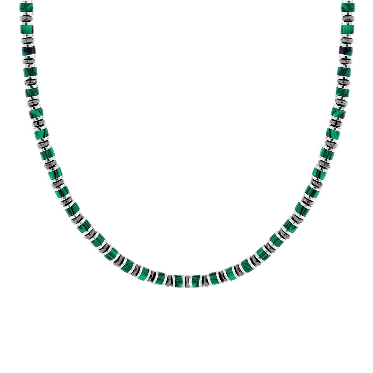 Collana Catena con Anelli e Cilindretti Pietre Verde Malachite in ACCIAIO<BR>