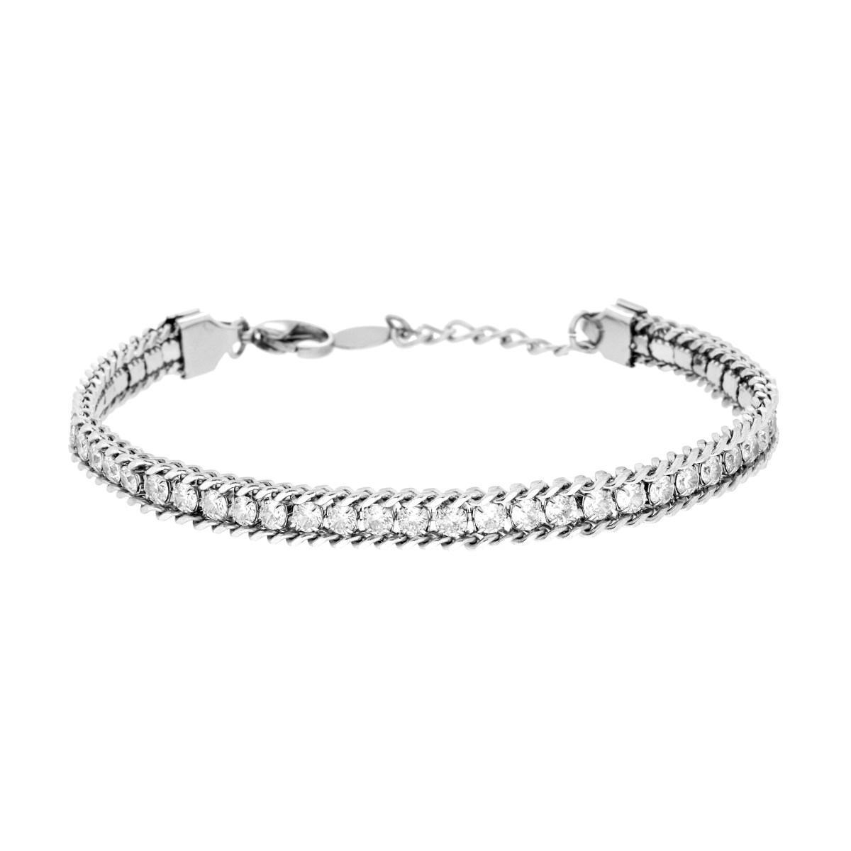Bracciale Catena Grumetta con Tennis Crystal Bianchi in ACCIAIO<BR>