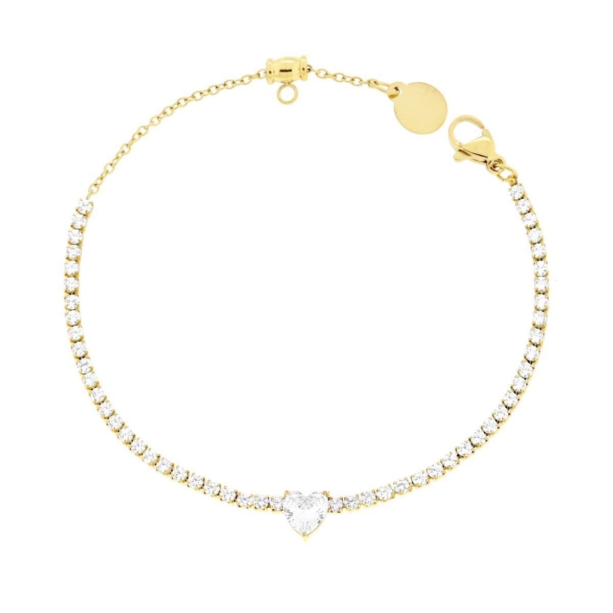 Bracciale Tennis con Cuore e Crystal Bianchi cm 17+2 in ACCIAIO colore Oro<BR>