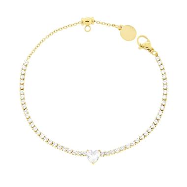Bracciale Tennis con Cuore e Crystal Bianchi cm 17+2 in ACCIAIO colore Oro<BR>
