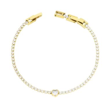 Bracciale Tennis con Cuore e Crystal Bianchi cm 16+2 regolabile in ACCIAIO colore Oro<BR>