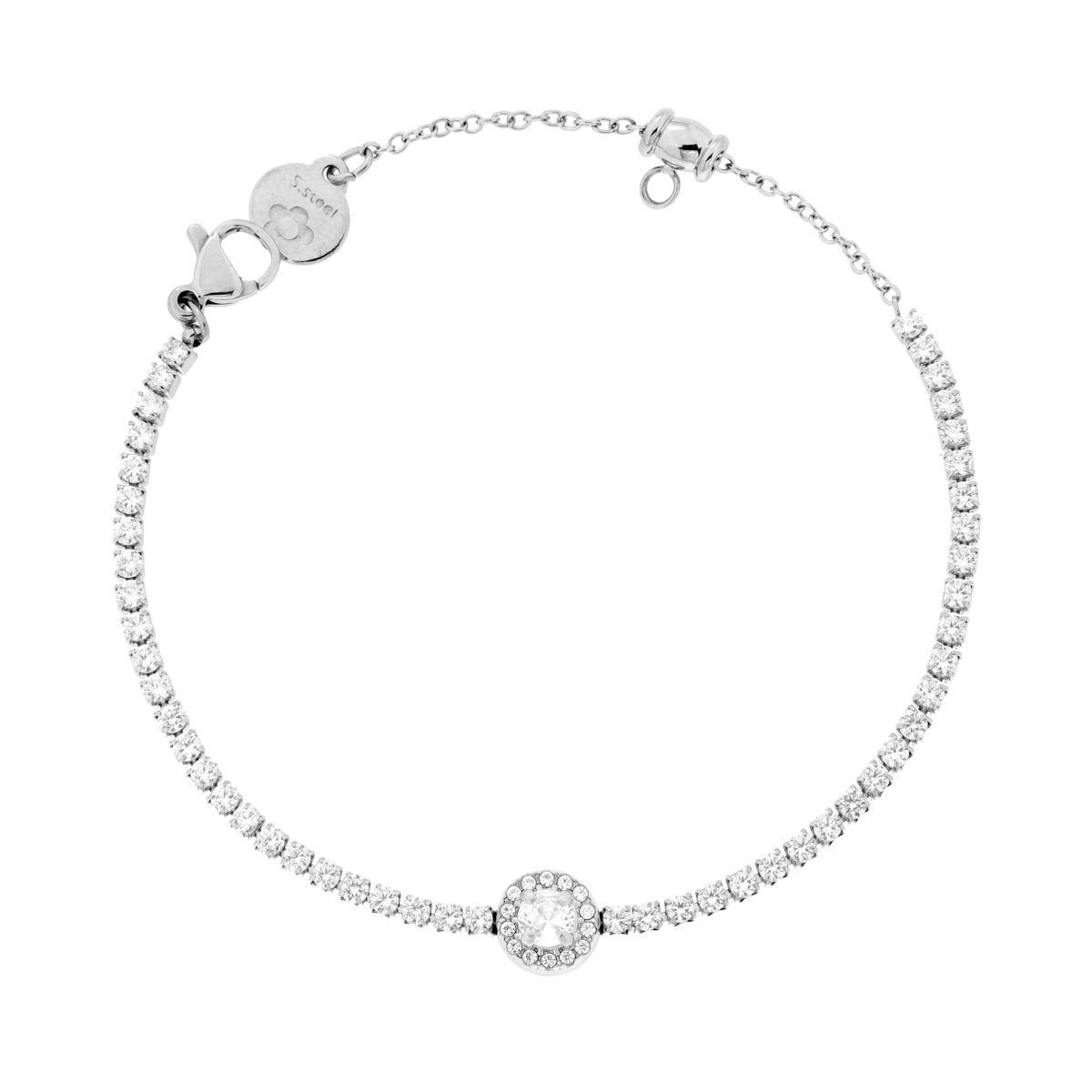 Bracciale Tennis con Tondo centrale mm 7.5 e Crystal Bianchi in ACCIAIO<BR>