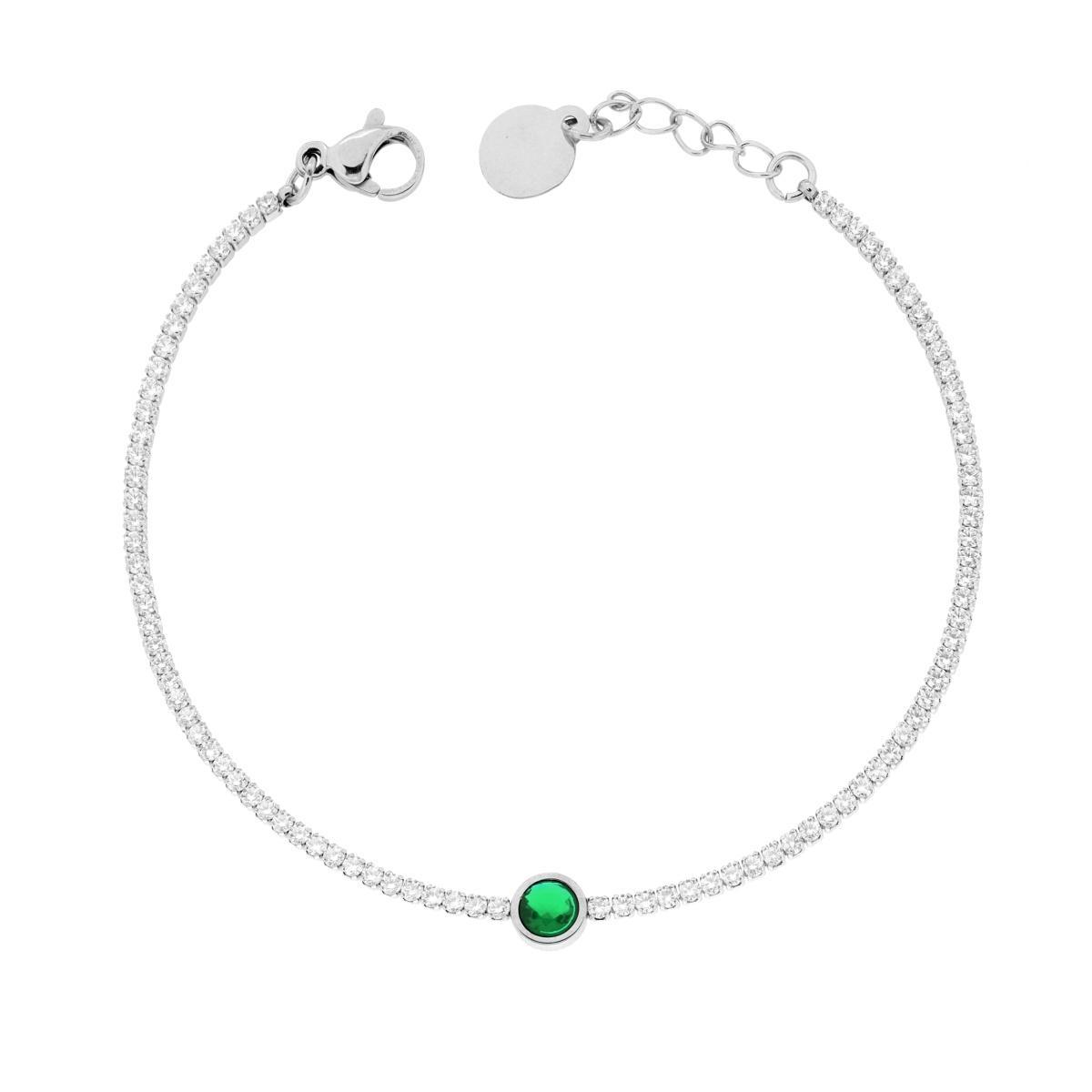 Bracciale Tennis con Tondo centrale Verde Smeraldo e Crystal Bianchi cm 17+2 in ACCIAIO<BR>