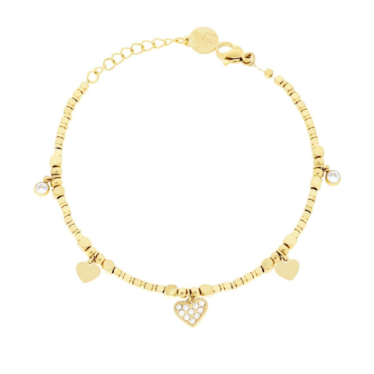 Bracciale Catena con Cubetti Cuori pendenti e Crystal Bianchi in ACCIAIO colore Oro<BR>