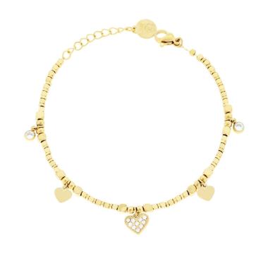 Bracciale Catena con Cubetti Cuori pendenti e Crystal Bianchi in ACCIAIO colore Oro