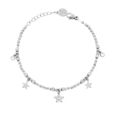Bracciale Catena con Cubetti e Stelle pendenti e Crystal Bianchi in ACCIAIO