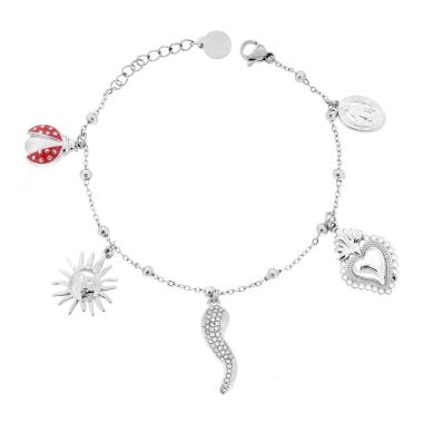 Bracciale Catena Forzatina Diamantata con Charms pendenti Cuore Votivo Sole Medaglietta Madonna Corno con Crystal bianchi e Coccinella con Smalto Rosso in ACCIAIO <BR>