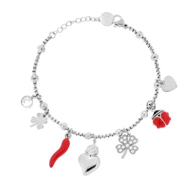 Bracciale Catena Veneziana Tonda con Charms Portafortuna Cuore Votivo Quadrifoglio Coccinella e Corno con Smalto Rosso e Crystal Bianchi in ACCIAIO