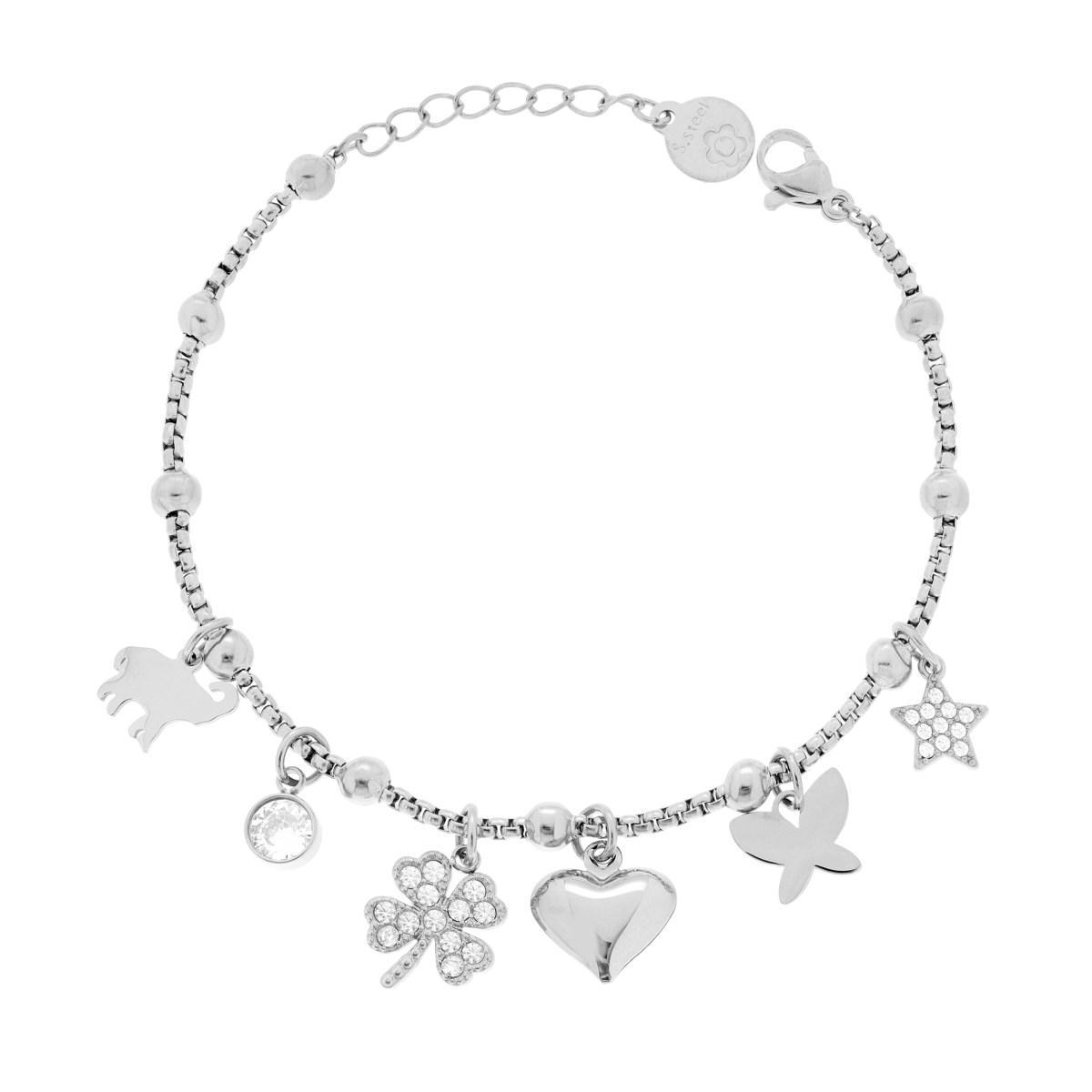 Bracciale Catena Veneziana Tonda con Charms Cuore Farfalla Elefante Stella e Quadrifoglio con Crystal Bianco in ACCIAIO<BR>
