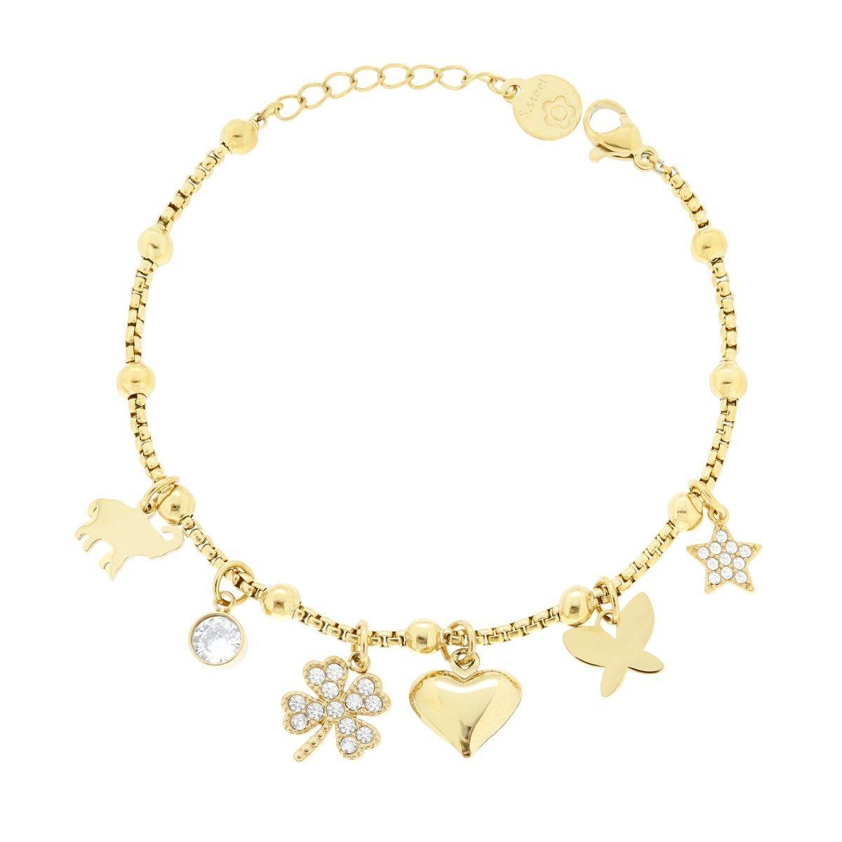 Bracciale Catena Veneziana Tonda con Charms Cuore Farfalla Elefante Stella e Quadrifoglio con Crystal Bianco in ACCIAIO colore Oro<BR>