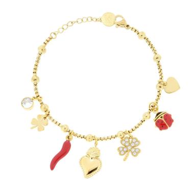 Bracciale Catena Veneziana Tonda con Charms Portafortuna Cuore Votivo Quadrifoglio Coccinella e Corno con Smalto Rosso e Crystal Bianchi in ACCIAIO colore Oro<BR>