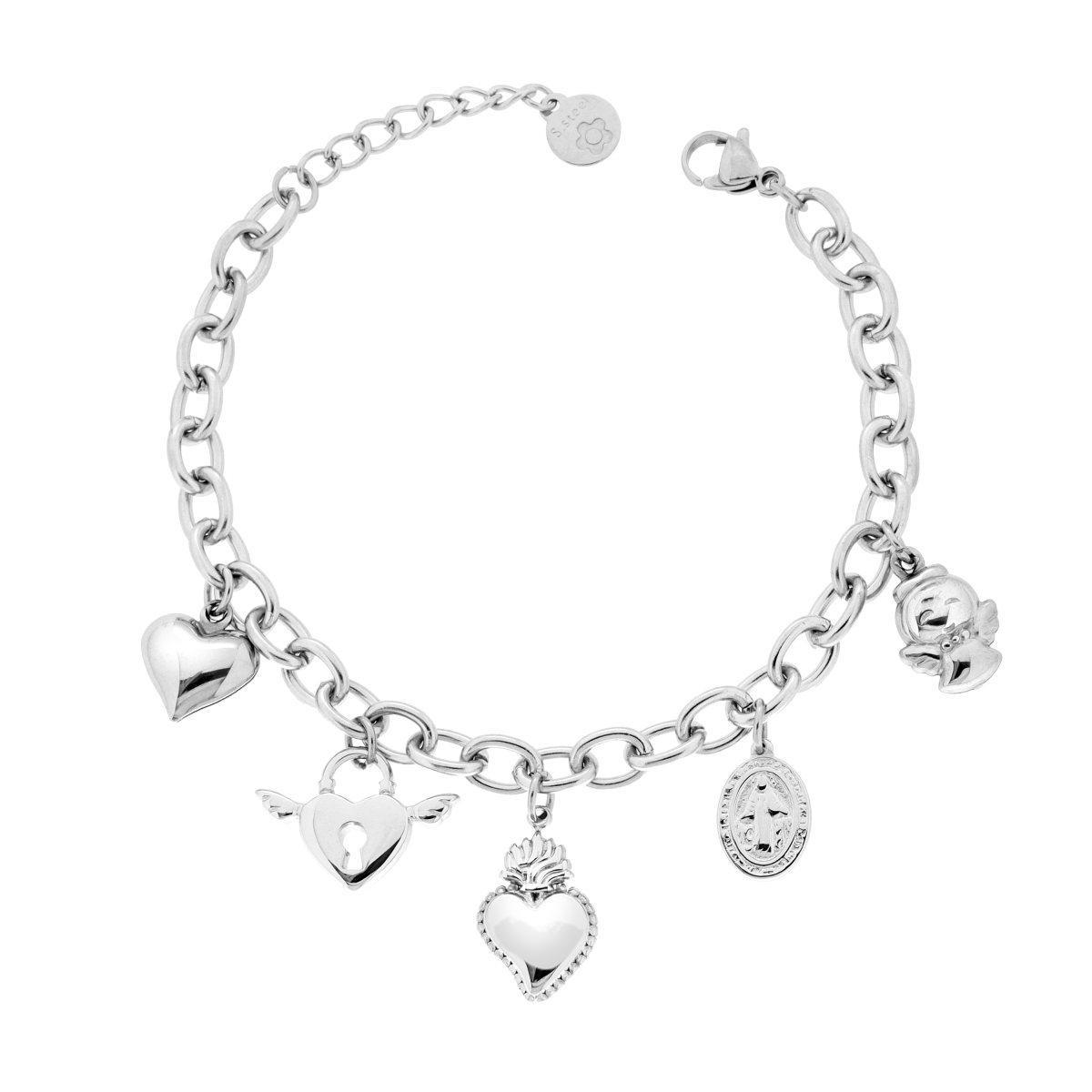 Bracciale Catena Forzatina con Charms pendenti Cuore Votivo e Lucchetto Medaglietta Madonna e Angelo in ACCIAIO <BR>