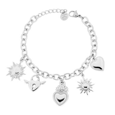 Bracciale Catena Forzatina con Charms pendenti Cuore Votivo e Lucchetto Sole e Cuore in ACCIAIO <BR>