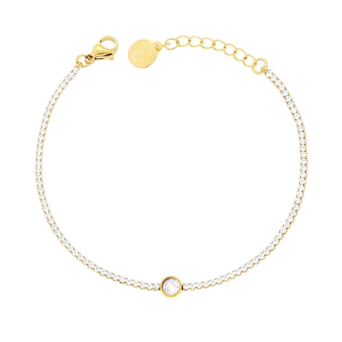 Bracciale Tennis con Tondo centrale e Crystal Bianchi cm 17+2 in ACCIAIO colore Oro<BR>