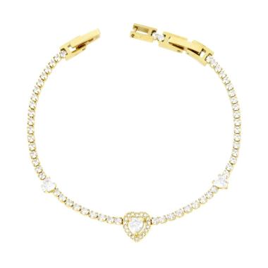 Bracciale Tennis con Cuori e Crystal Bianchi cm 17+2 in ACCIAIO Colore Oro<BR>