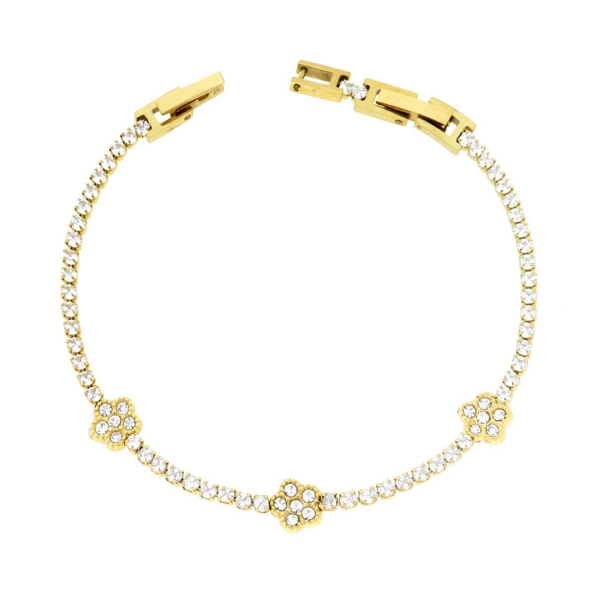 Bracciale Tennis con Fiori e Crystal Bianchi cm 17+2 in ACCIAIO Colore Oro<BR>
