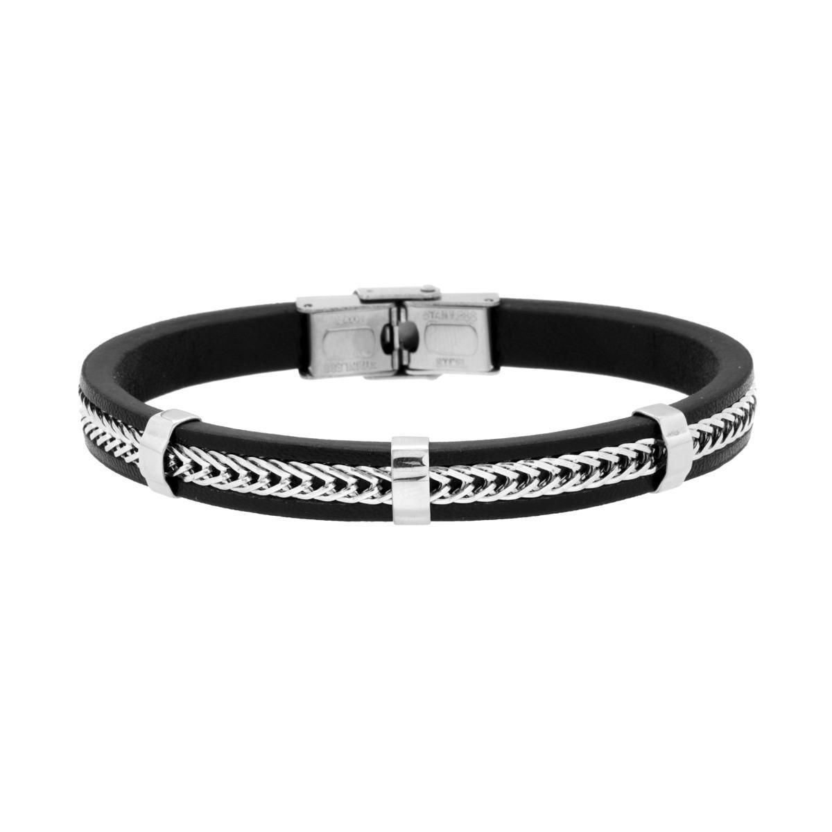 Bracciale Uomo in Ecopelle Nero con inserto Catena in ACCIAIO<BR>