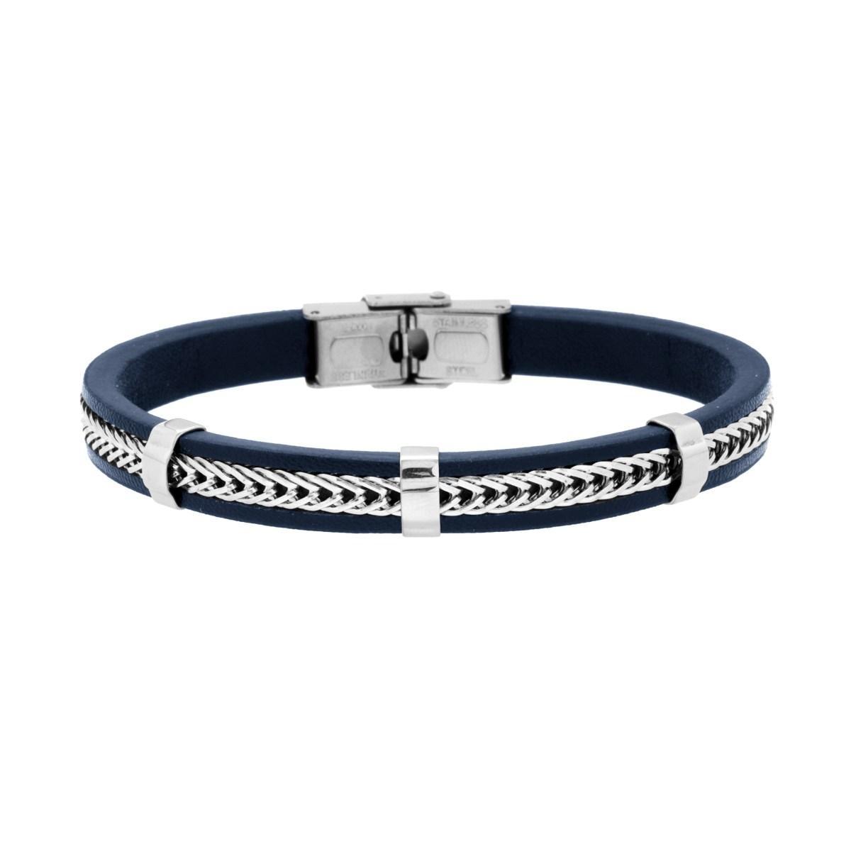 Bracciale Uomo in Ecopelle Blu con inserto Catena in ACCIAIO<BR>