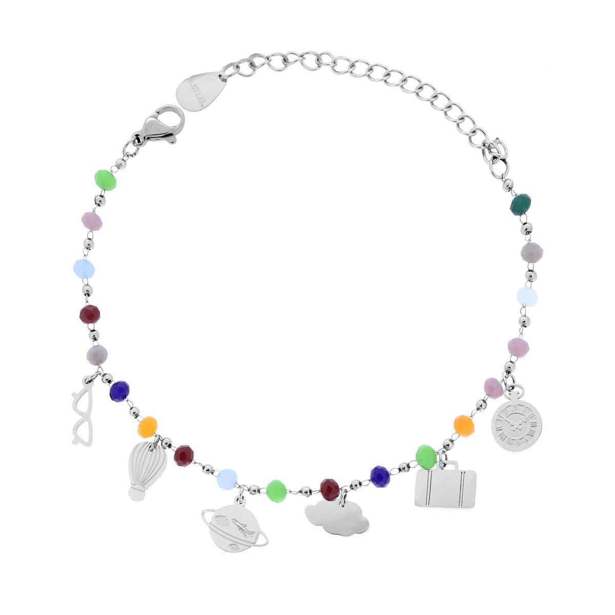 Bracciale Catena con Crystal Multicolor e Charms Viaggio plain pendenti in ACCIAIO <BR>