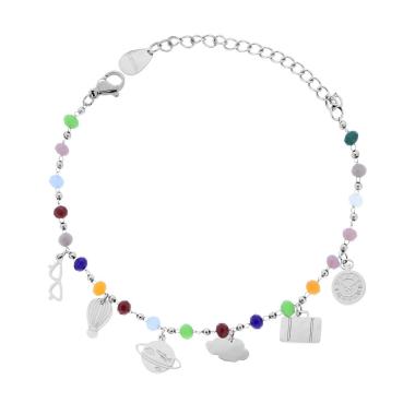 Bracciale Catena con Crystal Multicolor e Charms Viaggio plain pendenti in ACCIAIO 