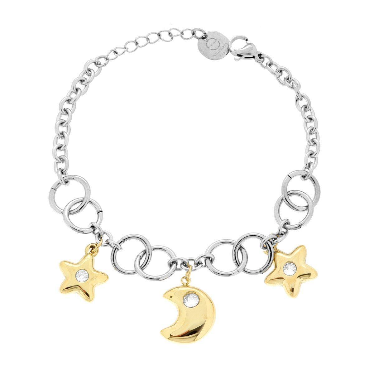 Bracciale Catena Forzatina Luna e Stelle pendenti colore Oro e Crystal Bianchi in ACCIAIO