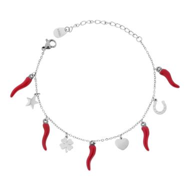 Bracciale Catena Forzatina Diamantata con Corni smalto Rosso e Charms Portafortuna pendenti in ACCIAIO<BR>