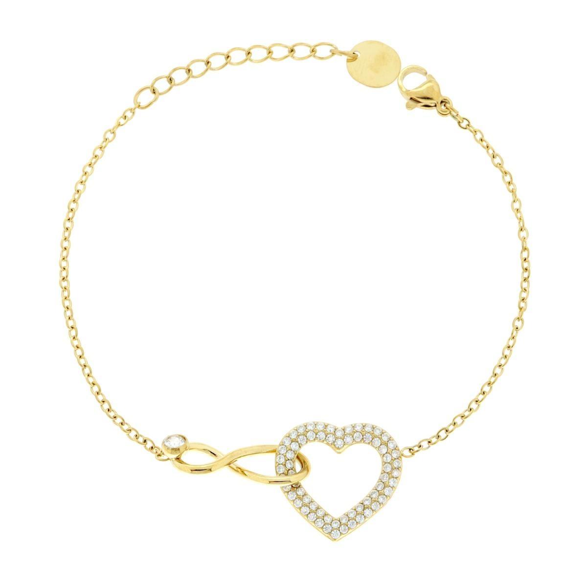 Bracciale Catena Forzatina Diamantata con Cuore e Infinito incrociati e Crystal Bianchi in ACCIAIO colore Oro<BR>