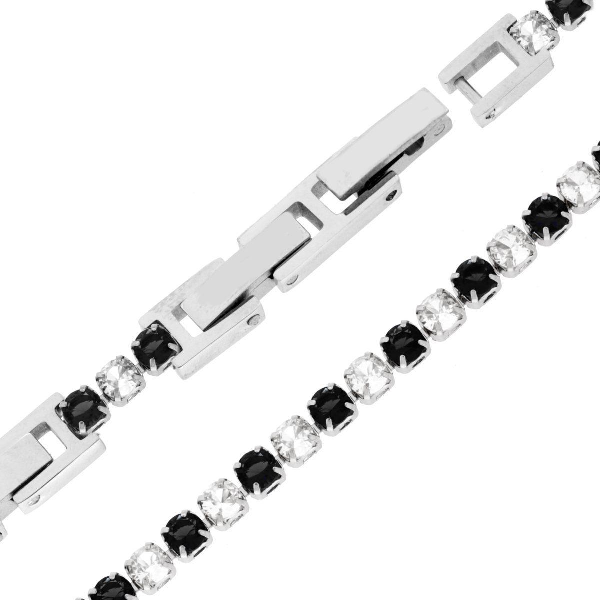 Bracciale Tennis Griffe cm 16.5+4 con Crystal mm 3 alternati Neri e Bianchi regolabile in ACCIAIO<BR>