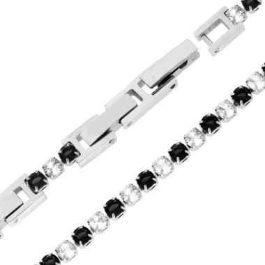 Bracciale Tennis Griffe cm 16.5+4 con Crystal mm 3 alternati Neri e Bianchi regolabile in ACCIAIO<BR>