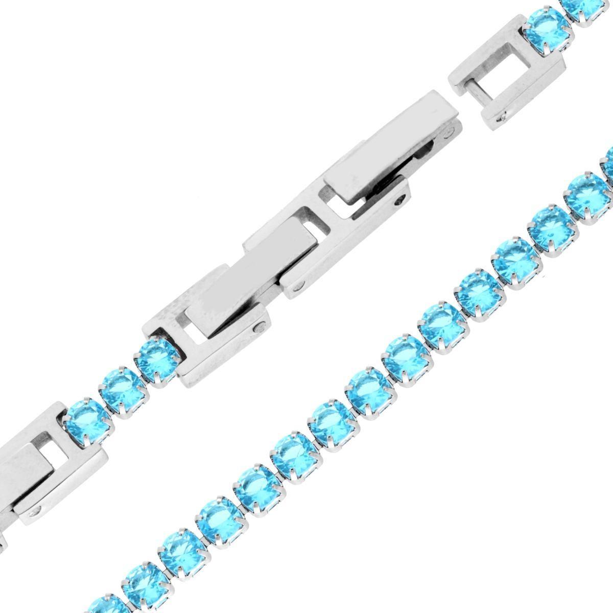 Bracciale Tennis Griffe cm 16.5+4 con Crystal mm 3 Acquamarina regolabile in ACCIAIO<BR>