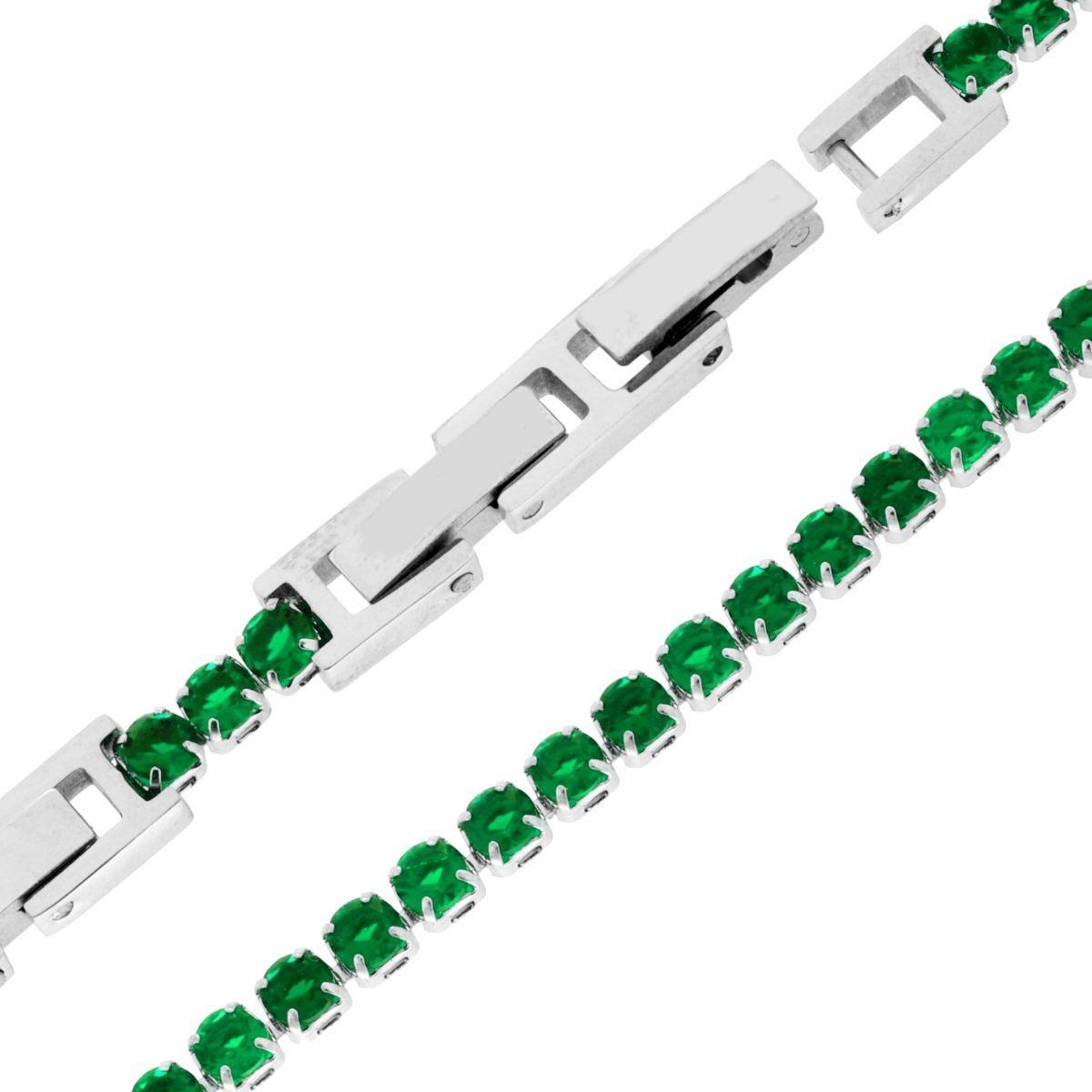 Bracciale Tennis Griffe cm 16.5+4 con Crystal mm 3 Verde Smeraldo regolabile in ACCIAIO<BR>