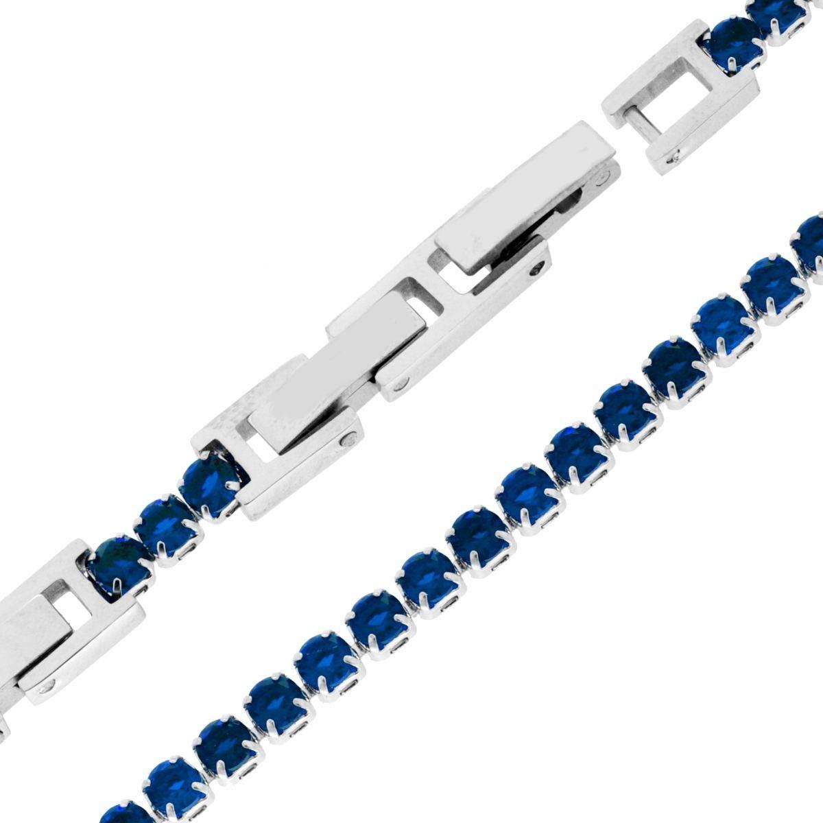 Bracciale Tennis Griffe cm 16.5+4 con Crystal mm 3 Blu Zaffiro regolabile in ACCIAIO<BR>