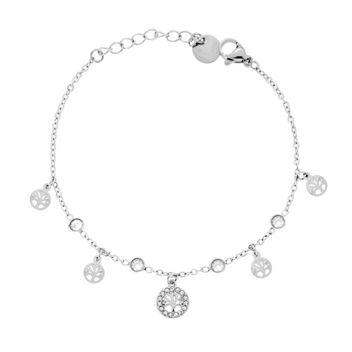 Bracciale Catena Forzatina Diamantata con Albero della Vita pendenti e Crystal Bianchi in ACCIAIO<BR>