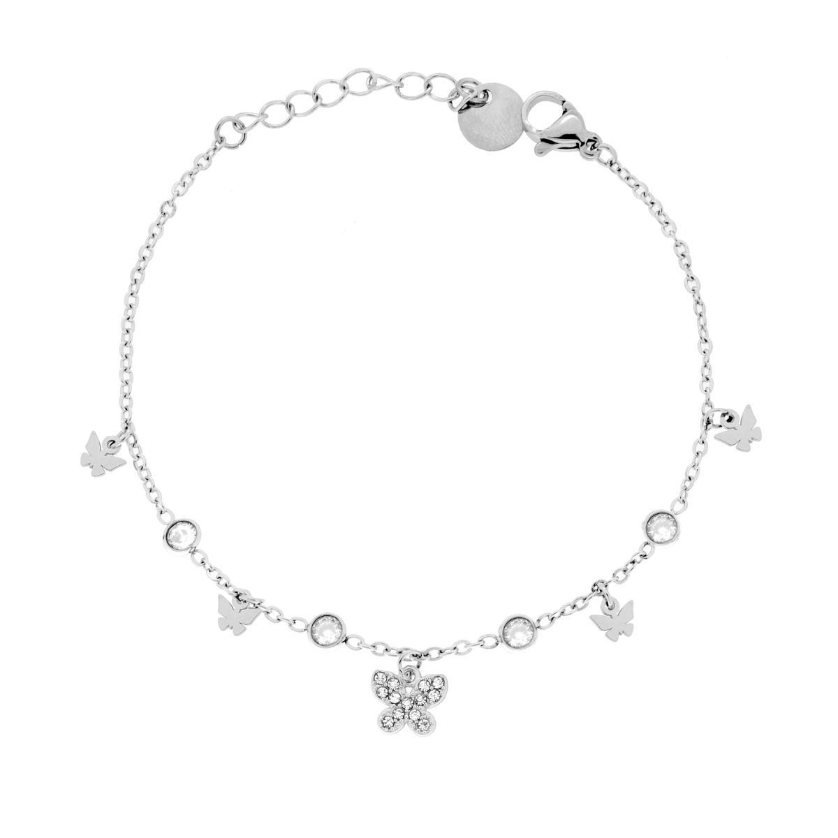 Bracciale Catena Forzatina Diamantata con Farfalle pendenti e Crystal Bianchi in ACCIAIO<BR>