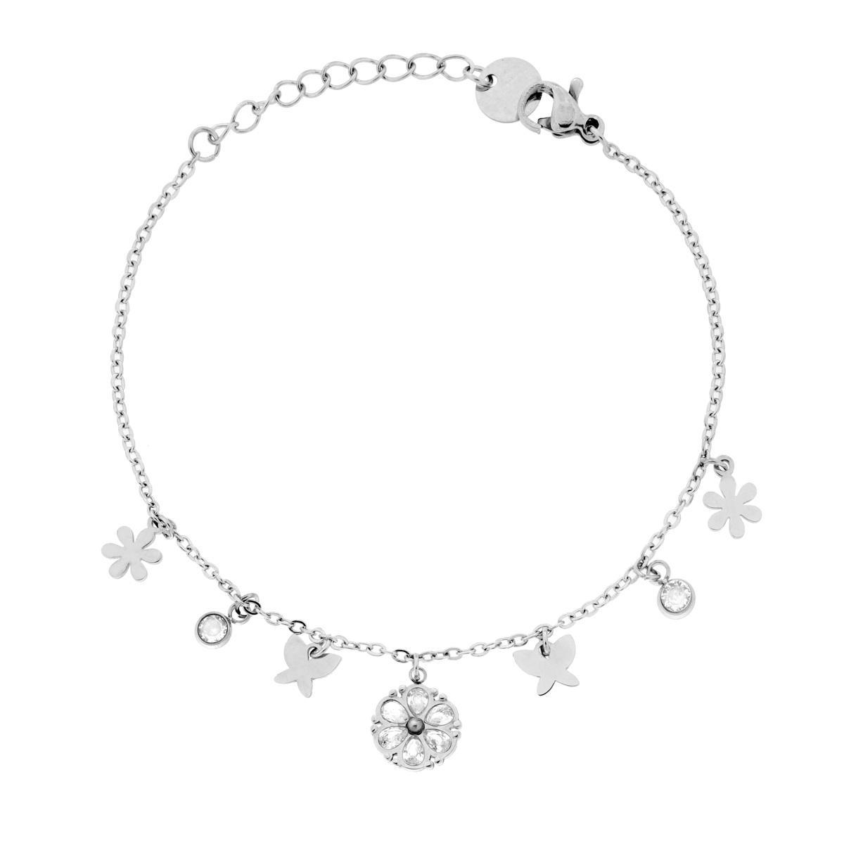 Bracciale Catena Forzatina Diamantata con Fiore e Farfalle pendenti e Crystal Bianchi in ACCIAIO<BR>