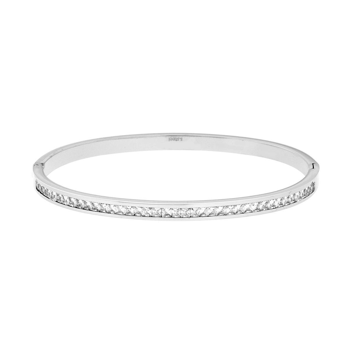 Bracciale Rigido modello Schiava con Crystal Carre Bianchi in ACCIAIO<BR>