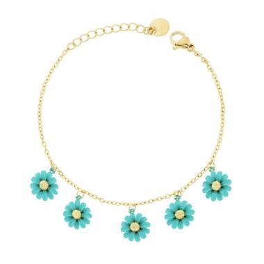 Bracciale Catena Forzatina Diamantata con Fiori Smalto Turchese in ACCIAIO colore Oro<BR>