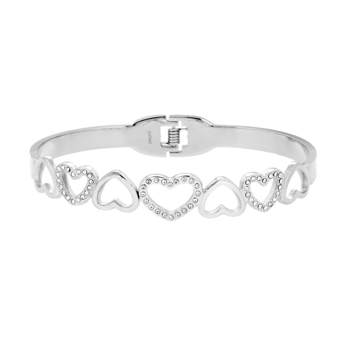 Bracciale Rigido modello Schiava con Cuori e Crystal Bianchi in ACCIAIO<BR>