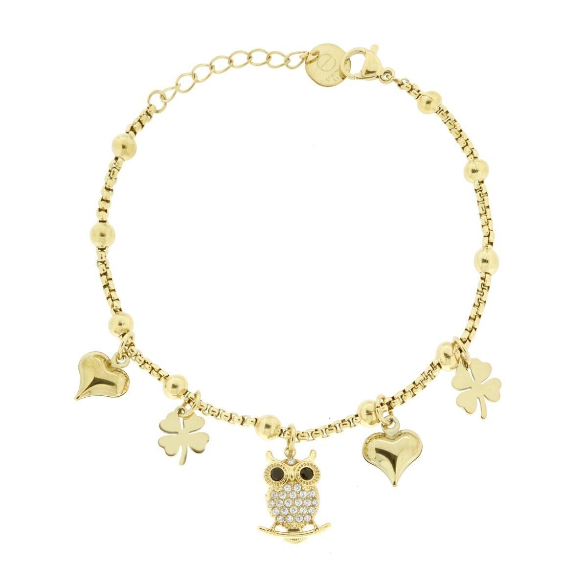 Bracciale Catena Veneziana con Charms Portafortuna pendenti con Crystal Bianchi in ACCIAIO colore Oro<BR>