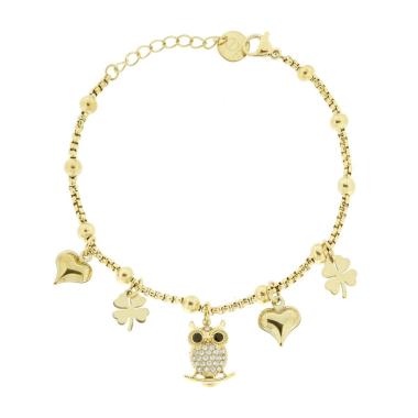 Bracciale Catena Veneziana con Charms Portafortuna pendenti con Crystal Bianchi in ACCIAIO colore Oro<BR>