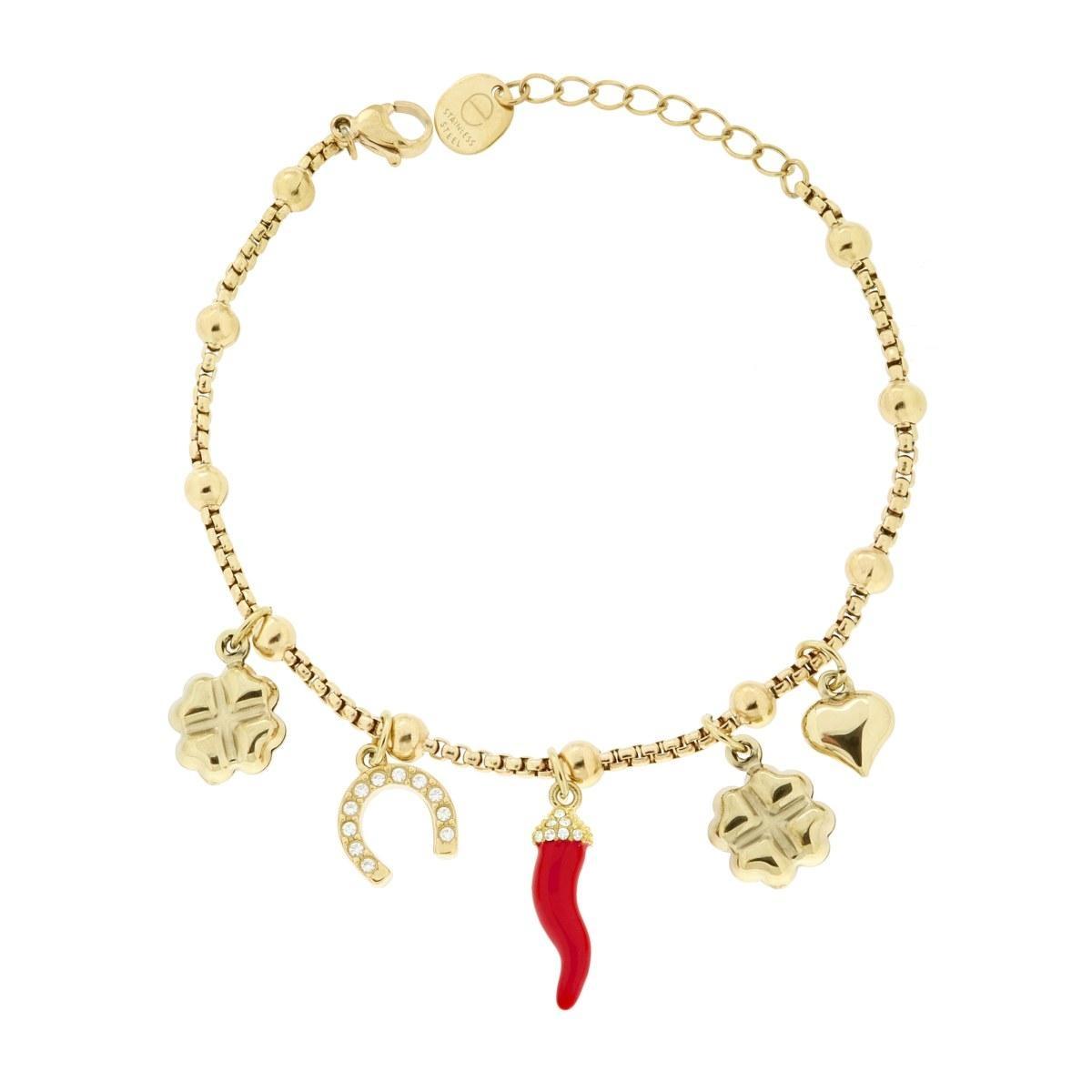 Bracciale Catena Veneziana Charms Portafortuna pendenti con Crystal Bianchi e Smalto Rosso in ACCIAIO colore Oro<BR>