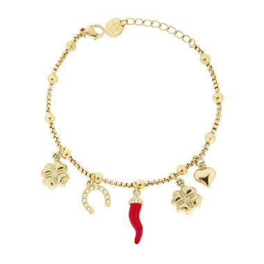 Bracciale Catena Veneziana Charms Portafortuna pendenti con Crystal Bianchi e Smalto Rosso in ACCIAIO colore Oro<BR>